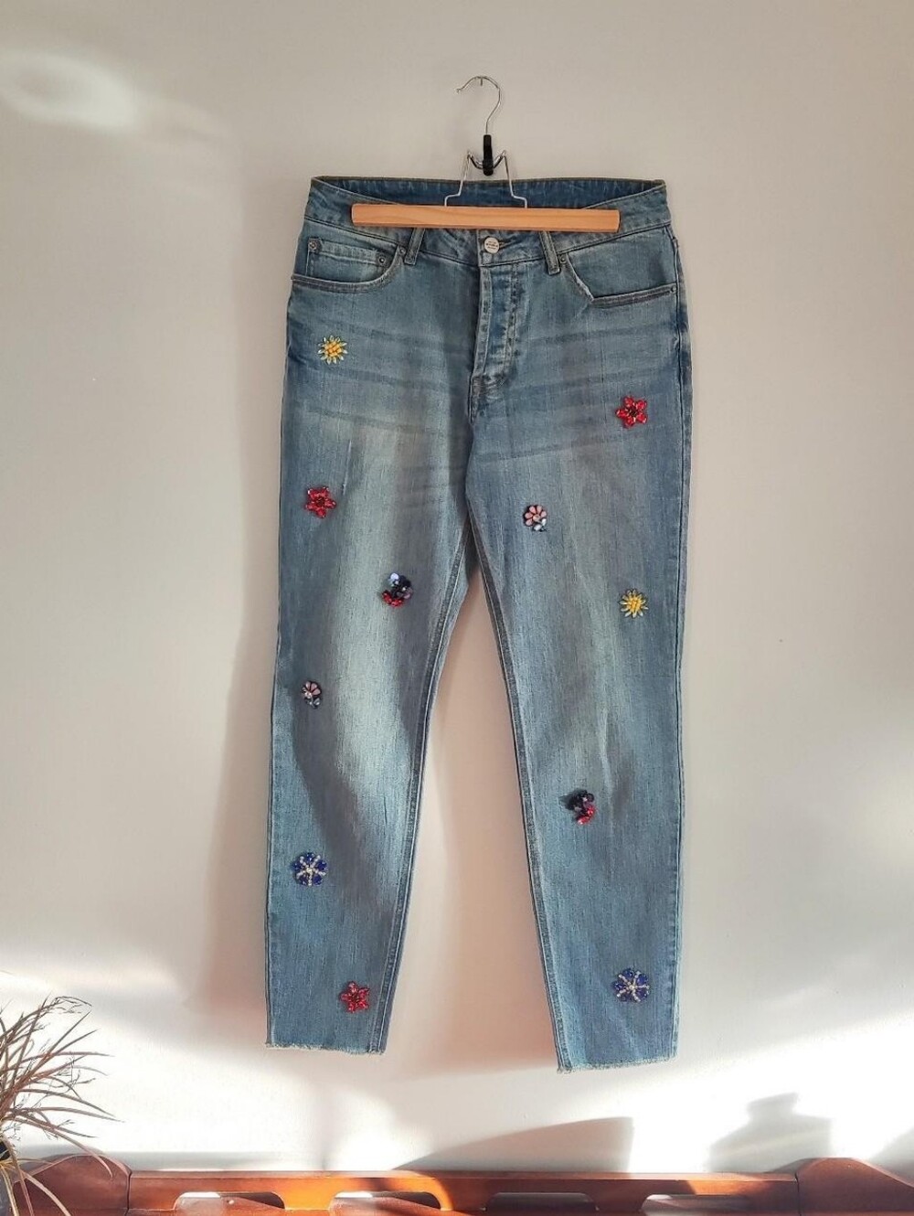 For The Republic High Waisted Slim Fit Light Wash Jeans with Floral Jewels